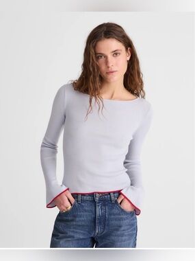 Madewell Flared Sleeve Boatneck Sweater Merino Wool-Silk Blend Blue/Red - S, NWT